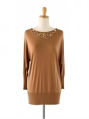 Cache Brown Knit Sweater with Decorative Neck Detail Size M